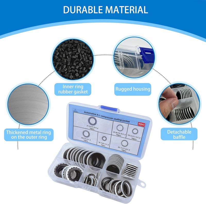 AClengda 60pcs automotive A/C system compressor gasket seal, Air Conditioner Compressor Port Seal Gasket Kit Bonded Gasket Seal Assortment Set (60 pcs) - Image 4